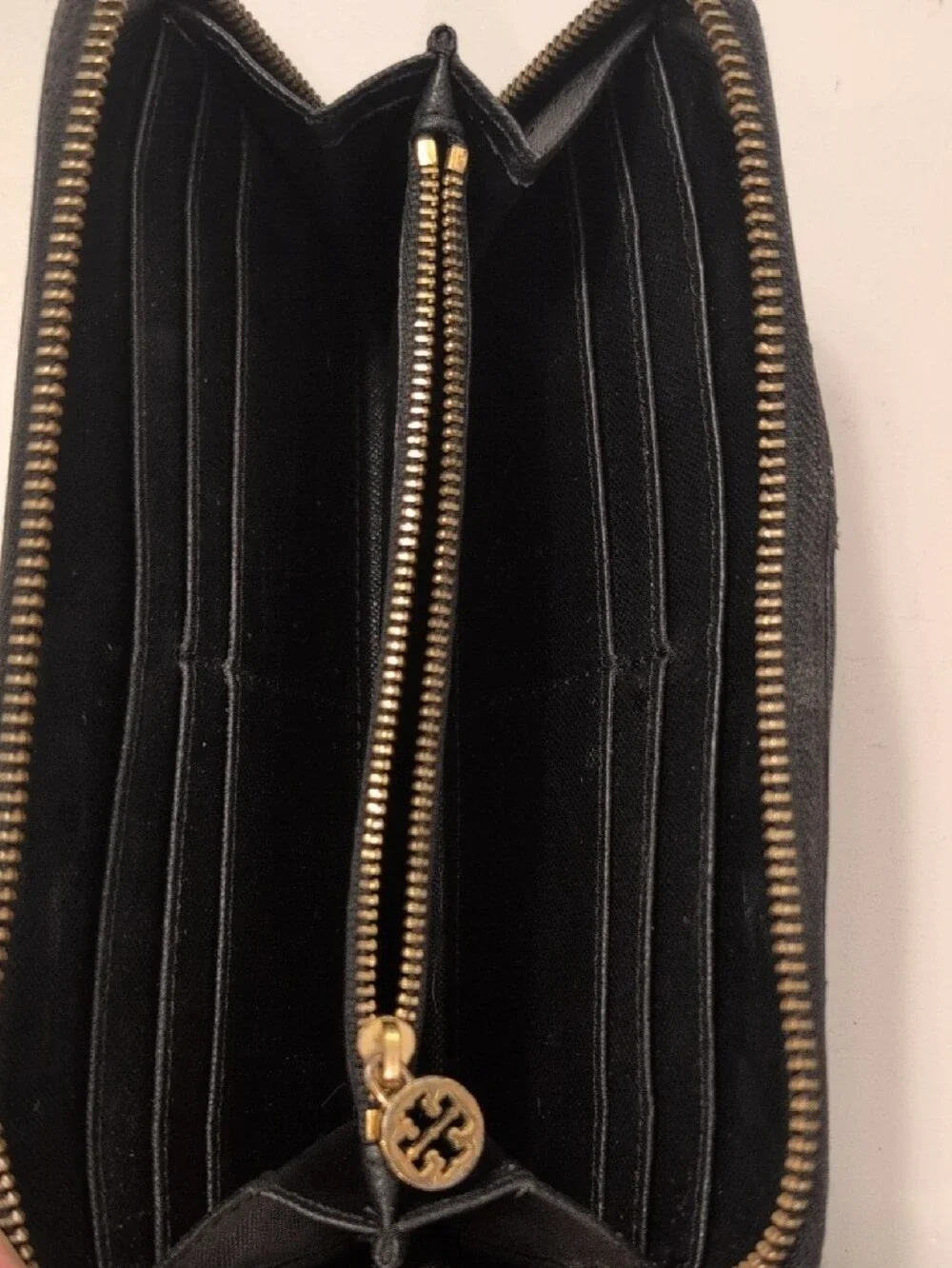 Tory Burch Black Leather Zip Wallet with Gold Logo